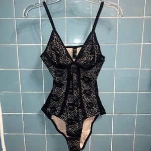 Black & Cream Floral Bodysuit/Lingerie